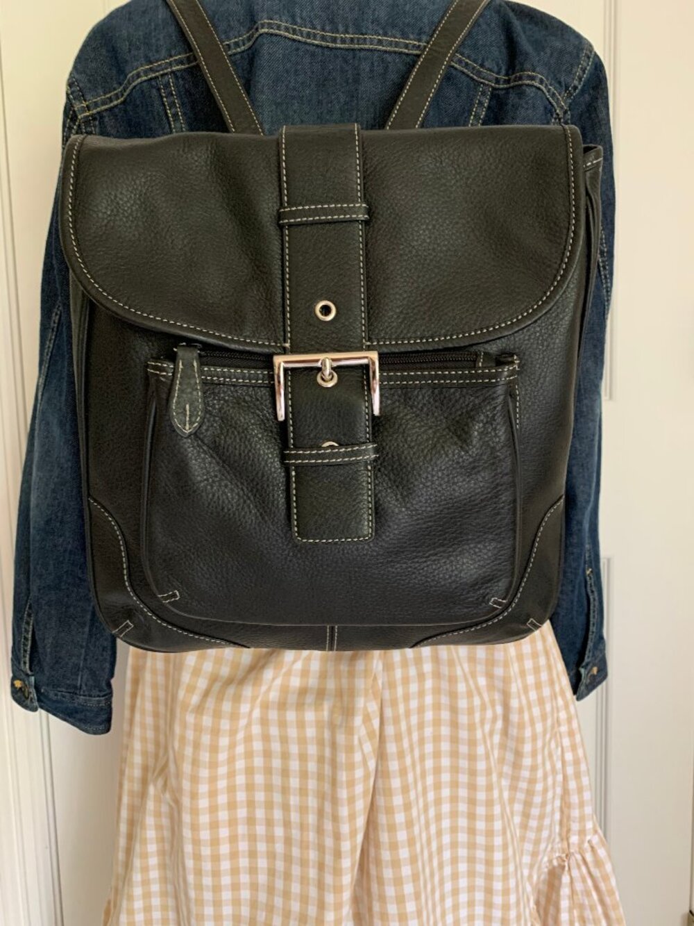 Vintage Jones New York Black Pebbled Leather Backpack Purse